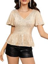 Blusa de coquetel de lantejoulas YHHOWEP Glitter com decote em V e manga curta