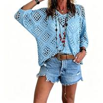 Blusa de crochê feminina estilo boêmio bege com decote em V azul celeste 3GG Blusa de crochê feminina estilo boêmio bege com decote em V azul celeste 3GG