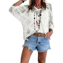 Blusa de crochê feminina, estilo boêmio, bege, decote em V, 5x, branca pequena Blusa de crochê feminina, estilo boêmio, bege, decote em V, 5x, branca pequena