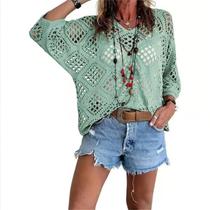 Blusa de crochê feminina, estilo boêmio, bege, decote em V, verde, 4G Blusa de crochê feminina, estilo boêmio, bege, decote em V, verde, 4G
