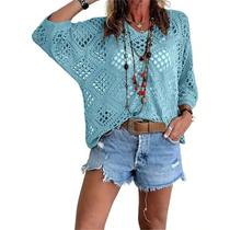 Blusa de crochê feminina estilo boêmio com decote em V bege (azul lago) Blusa de crochê feminina estilo boêmio com decote em V bege (azul lago)