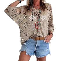 Blusa de crochê feminina estilo boêmio, decote em V, bege, tamanho GG Blusa de crochê feminina estilo boêmio, decote em V, bege, tamanho GG