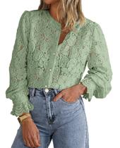 Blusa de Encaje PRETTYGARDEN Manga Larga con Botones Verde Polvoriento Talla S