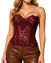 Blusa de espartilho Bistonny Lace Up Overbust Bustier Floral Borgonha Blusa de espartilho Bistonny Lace Up Overbust Bustier Floral Borgonha