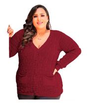 Blusa de Frio Bolso Tricot Ponto Trabalhado Plus Size Casaco