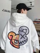 Blusa de Frio Casaco Moletom Canguru Flanelado Estampado Urso Rosto Dividido Moda Streetwear Envio J