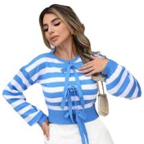 Blusa De Frio Cropped Tricot Feminina Laços Listras Azul Veste 38 ao 42 Blusa De Frio Cropped Tricot Feminina Laços Listras Azul Veste 38 ao 42