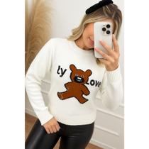 Blusa de Frio Feminina Casual de Tricô Lã com Detalhe de Urso Básica Tendência Moda Inverno Cor:Off-whiteTamanho:Único