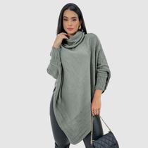 Blusa De Frio Feminina Poncho Bico Tricot Manga Longa Gola Cacharrel Inverno