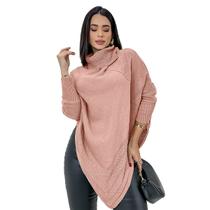 Blusa De Frio Feminina Poncho Bico Tricot Manga Longa Gola Cacharrel Inverno