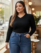 Blusa De Frio Feminina Suéter Manga Longa Comprida Gola V Térmica Plus Size Malha Canelada Inverno