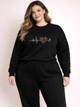 Blusa De Frio Feminino Plus Size Moletom Malha Premium Confortavel Estampado Gato Florido Preto Blusa De Frio Feminino Plus Size Moletom Malha Premium Confortavel Estampado Gato Florido Preto
