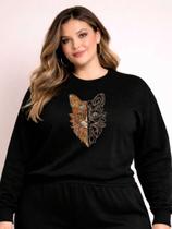 Blusa De Frio Feminino Plus Size Moletom Malha Premium Confortavel Estampado Gato Florido Preto Blusa De Frio Feminino Plus Size Moletom Malha Premium Confortavel Estampado Gato Florido Preto