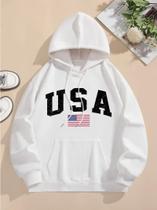 Blusa De Frio Moletom Canguru Feminino Blusão Com Capuz e Bolso Casaco Flanelado USA