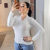 Blusa de Frio Tricot Básica Gola V Feminina Elastano Manga Longa