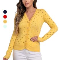 Blusa De Frio Tricot Cardigan Sueter Lã Com Botão Estampado