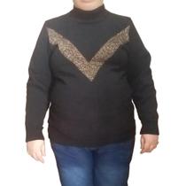 Blusa de Lã Preta com Detalhe em Lurex Dourado Tam G2 Plus Size Rethi