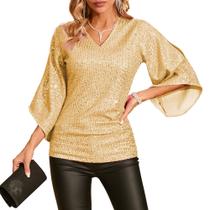 Blusa de lantejoulas American Trends com decote em V e manga 3/4 para mulheres