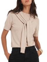 Blusa de malha eShesy feminina, gola redonda, mangas curtas, cáqui Blusa de malha eShesy feminina, gola redonda, mangas curtas, cáqui