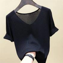 Blusa de Malha Feminina com Decote V - Manga Curta - Moda Verão 2024