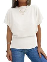 Blusa de malha Saodimallsu Batwing, manga curta, canelada, branca, feminina Blusa de malha Saodimallsu Batwing, manga curta, canelada, branca, feminina