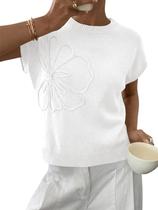 Blusa de malha Saodimallsu feminina de manga curta floral branca
