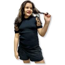 Blusa De Malha Tricot Infantil Manga Tule Bufante Bolinhas
