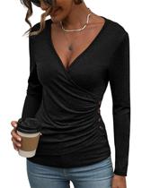 Blusa de manga comprida com decote em V profundo, franzida e justa, preta
