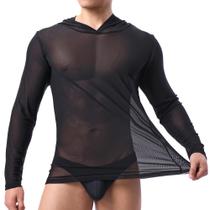 Blusa de manga comprida transparente de malha com capuz DTODWW para homens preta XL