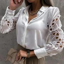 Blusa De Manga Comprida Vazada De Renda Branca Para Mulheres Sexy Vintage Botão Acima Top Outono