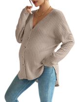 Blusa de maternidade COZYEASE em malha canelada com botões, decote em V, marrom