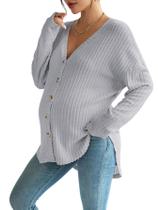 Blusa de maternidade COZYEASE em malha canelada com botões e decote em V cinza Blusa de maternidade COZYEASE em malha canelada com botões e decote em V cinza