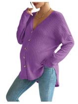 Blusa de maternidade COZYEASE em malha canelada com botões e decote em V roxa