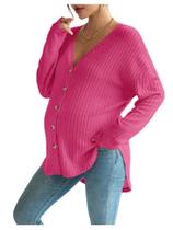 Blusa de maternidade COZYEASE, malha canelada, botões, decote em V, rosa choque