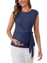 Blusa de maternidade MARI GABRIEL com amarração frontal e mangas curtas azul-marinho