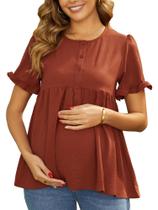Blusa de maternidade MARI GABRIEL com babados manga curta marrom XL