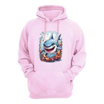 Blusa de Moletom Com Capuz Bolso Canguru Flanelada Quente Inverno Estampa Tubarão