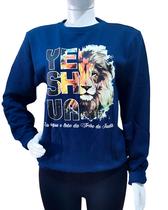 Blusa de Moletom evangélica de algodão Leão Yeshua azul marinho com forro peluciado.
