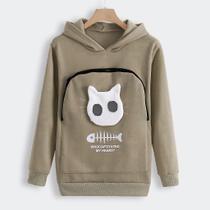Blusa de moletom feminina com capuz e bolsa animal para transportar gato respirável