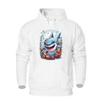 Blusa de Moletom Plus Size Bolso Canguru Com Capuz Flanelada Quente Inverno Estampa Tubarão