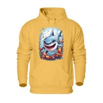 Blusa de Moletom Plus Size Bolso Canguru Com Capuz Flanelada Quente Inverno Estampa Tubarão