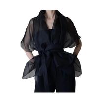 Blusa De Organza plus Size Para Mulheres Com Gola Alta E Decote Em V Com Renda Transparente Casual Blusa De Organza plus Size Para Mulheres Com Gola Alta E Decote Em V Com Renda Transparente Casual