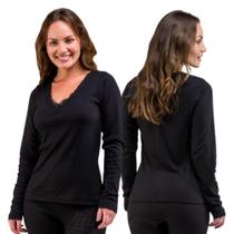 Blusa de Pijama Feminina Manga Longa Canelada Gola em V com Detalhe Rendado Confortável Básica Blusa de Pijama Feminina Manga Longa Canelada Gola em V com Detalhe Rendado Confortável Básica