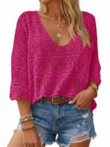 Blusa de praia Saodimallsu manga 3/4 com decote em V para mulheres Blusa de praia Saodimallsu manga 3/4 com decote em V para mulheres