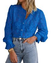 Blusa de Renda Feminina PRETTYGARDEN Manga Longa com Botões Azul G Blusa de Renda Feminina PRETTYGARDEN Manga Longa com Botões Azul G