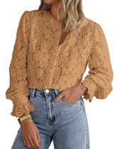 Blusa de Renda Feminina PRETTYGARDEN Manga Longa com Botões Caqui G Blusa de Renda Feminina PRETTYGARDEN Manga Longa com Botões Caqui G