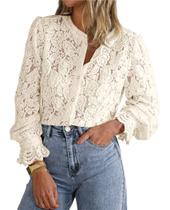 Blusa de Renda Feminina PRETTYGARDEN Manga Longa com Botões M Bege Blusa de Renda Feminina PRETTYGARDEN Manga Longa com Botões M Bege