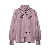 Blusa De Seda Feminina De Outono Com Gola Alta E Mangas Longas, Almofadas Nos Ombros E Decoração De Blusa De Seda Feminina De Outono Com Gola Alta E Mangas Longas, Almofadas Nos Ombros E Decoração De