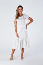 Blusa de Tecido Bordado Decote Redondo e Manga Franzida Off White Sara