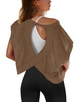 Blusa de treino SENSERISE de manga curta com costas abertas para mulheres, marrom